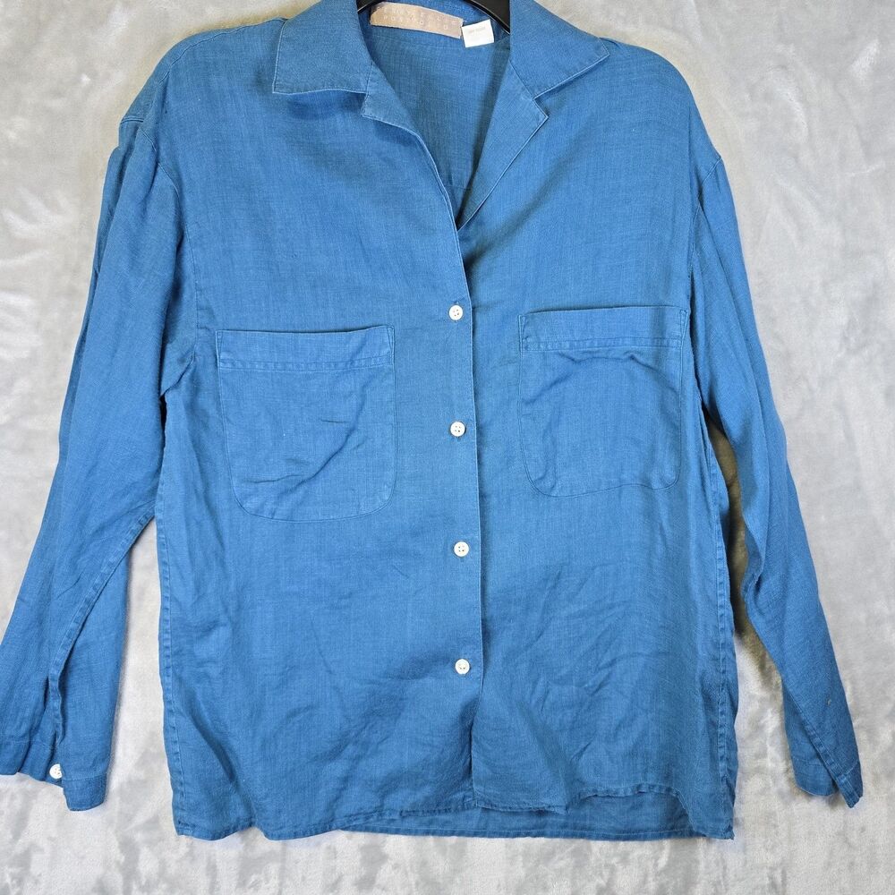 VTGPerry Ellis Womens ShirtLinen Blue Teal Long Sleeve S-M Boho Cottage Peasant